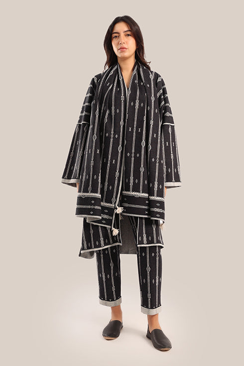 Embroidered striped shawl with tassels